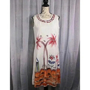 Miss Floriana Size L watercolor print tropical dress/cover up cream color palm